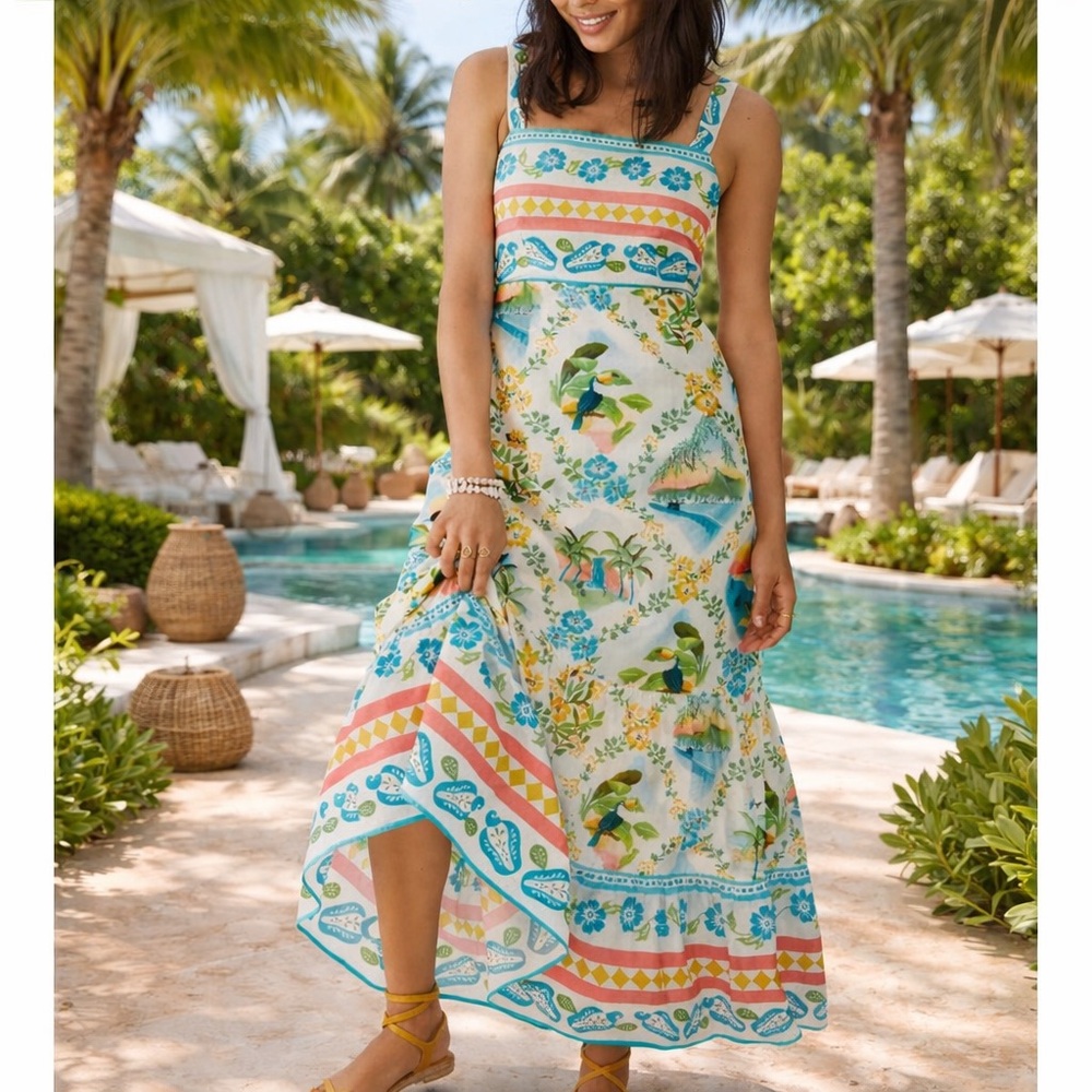 Farm Rio x Anthropologie Printed Maxi Dress XS NWT Blue Motif - Picture 3 of 16